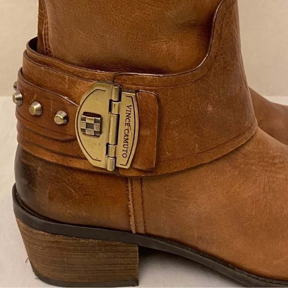 Vince Camuto 6.5 Leather Knee Boots Brown Harness Women’s Zippers Logo
